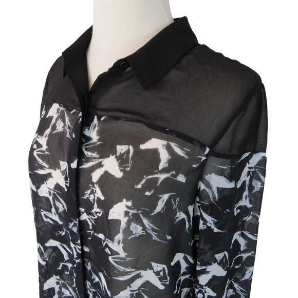 FRENCH CONNECTION Women's Black White Hatched Horses Sheer Blouse Size 6 - Picture 4 of 9